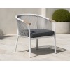 Rope Weave Outdoor Armchair | White Aluminium Barrel-Back Patio Chair with Teak Arms for Garden Terrace Hotel