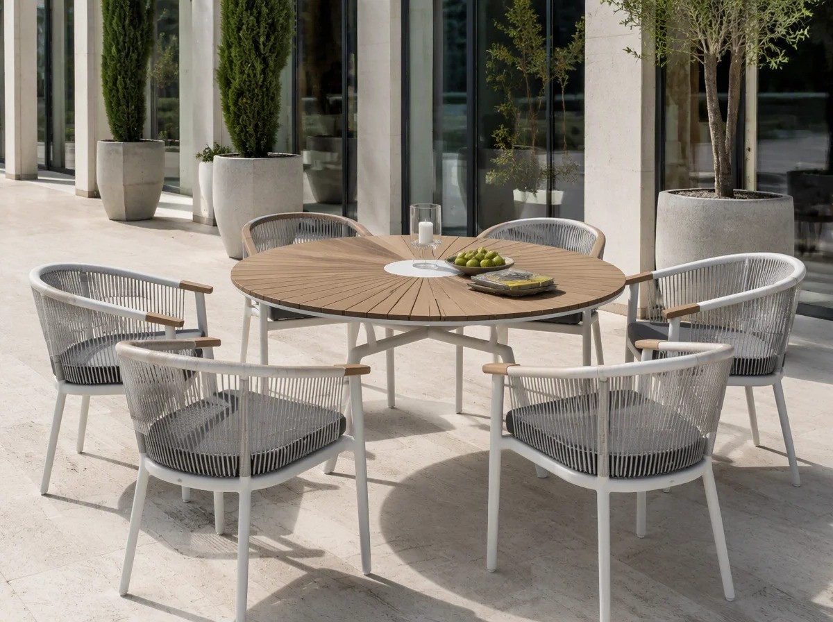 Six rope-weave outdoor armchairs with white frames and teak arms around a round table on a hotel terrace