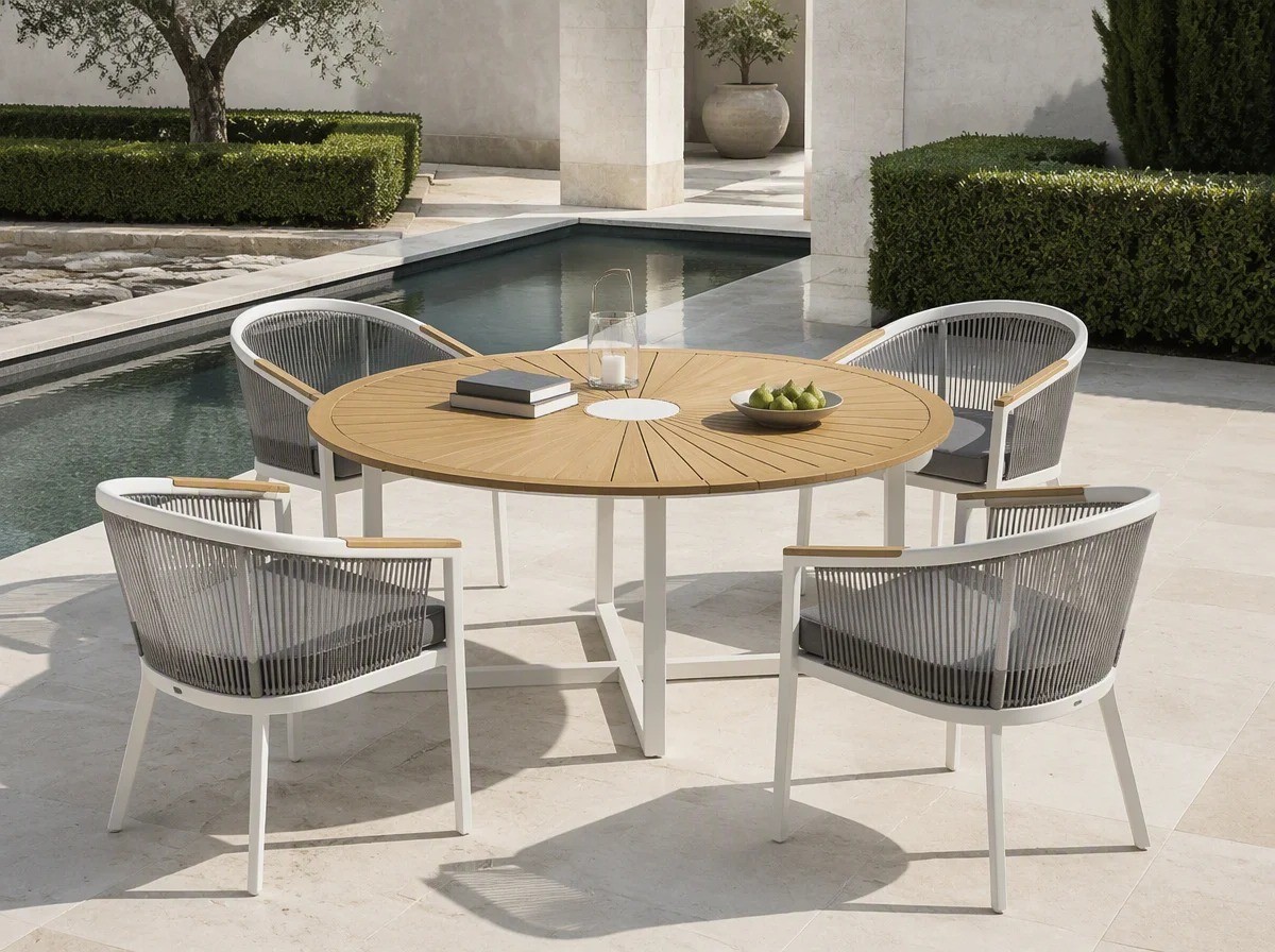 Four rope-weave armchairs around a round teak-top table in a villa courtyard beside a reflecting water channel