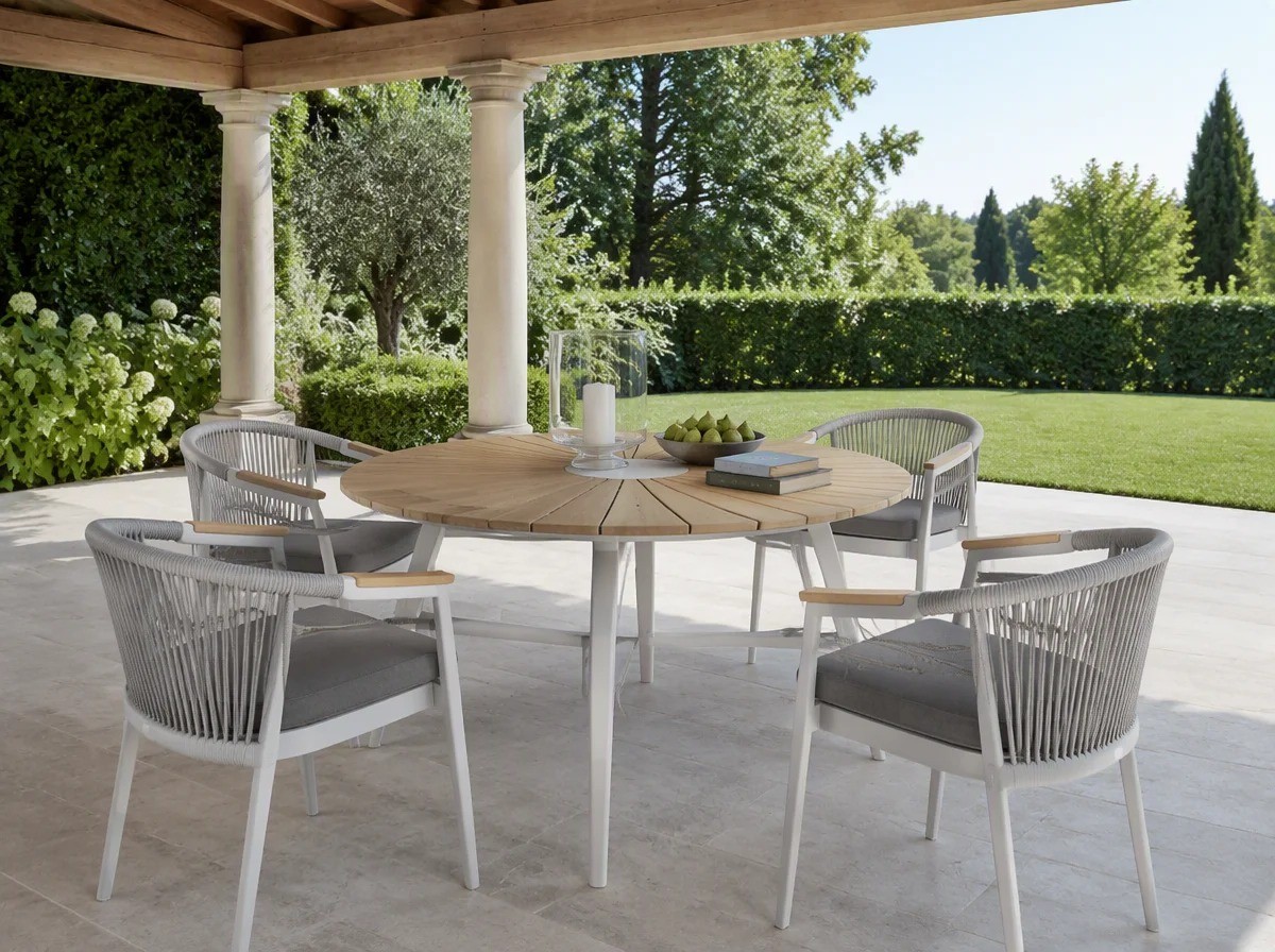 Four rope-back armchairs around a round table under a covered garden pavilion with a timber ceiling