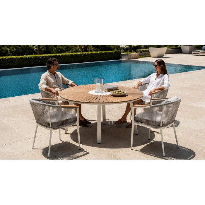 120cm Round Outdoor Dining Table | Sunburst Slat Top Garden Table for Patio Terrace Hotel Restaurant