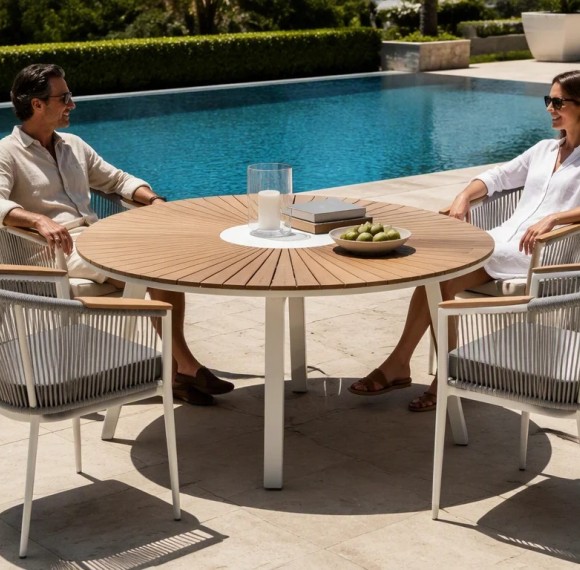 120cm Round Outdoor Dining Table | Sunburst Slat Top Garden Table for Patio Terrace Hotel Restaurant