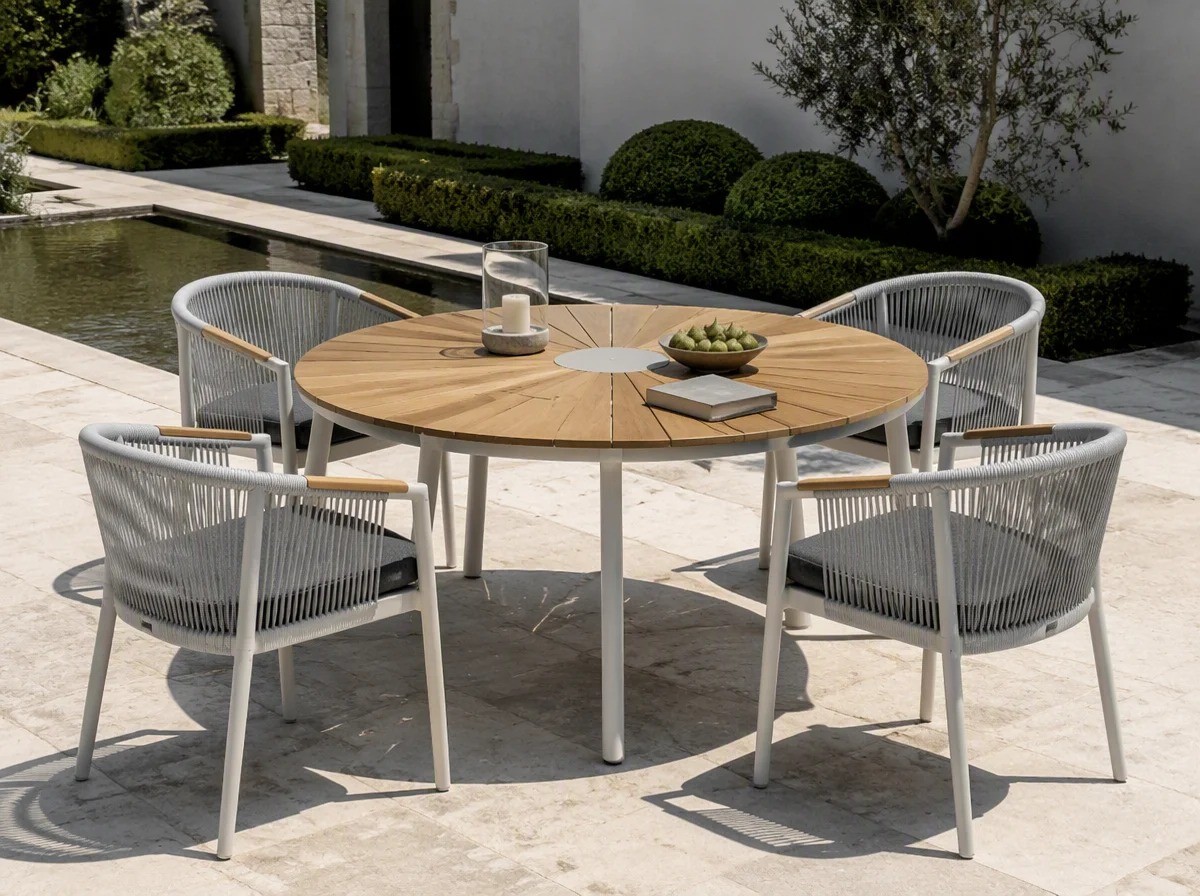 Round sunburst-slat outdoor table with four rope-back chairs in a villa courtyard beside a reflecting water channel