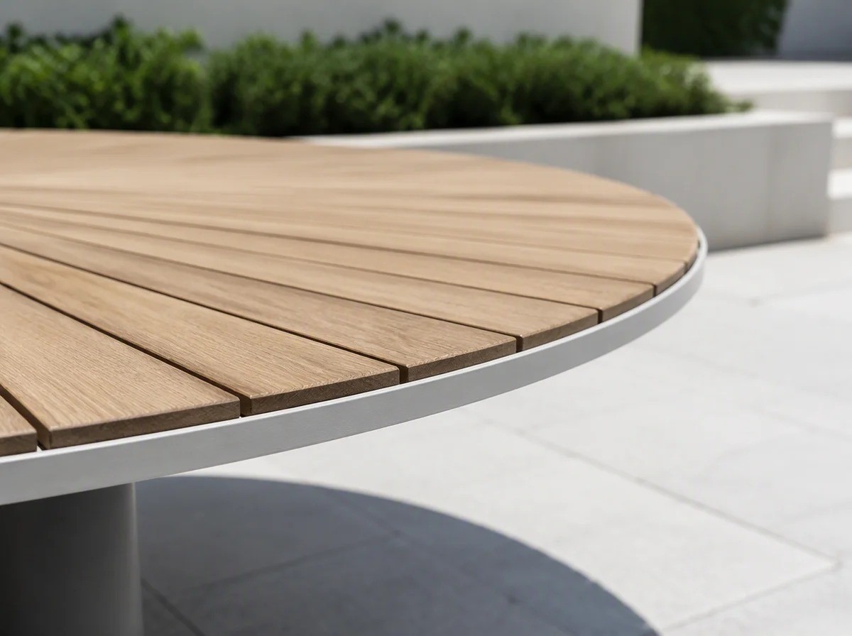 Close view of the edge of a round outdoor table top where the radial slats meet a slim pale edge band