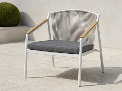 Rope Weave Outdoor Armchair | White Aluminium Sloping-Arm Patio Chair with Teak Armrests for Garden Terrace Hotel