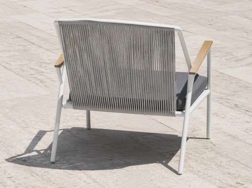 Rope Weave Outdoor Armchair | White Aluminium Sloping-Arm Patio Chair with Teak Armrests for Garden Terrace Hotel