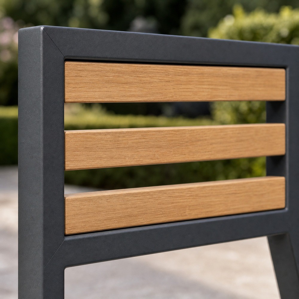 Armrest frame with three horizontal wood slats
