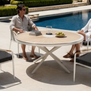 Rope Weave Outdoor Armchair | White Aluminium Sloping-Arm Patio Chair with Teak Armrests for Garden Terrace Hotel
