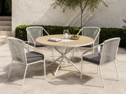 Rope Weave Outdoor Armchair | White Aluminium Sloping-Arm Patio Chair with Teak Armrests for Garden Terrace Hotel