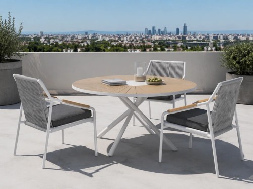 Rope Weave Outdoor Armchair | White Aluminium Sloping-Arm Patio Chair with Teak Armrests for Garden Terrace Hotel