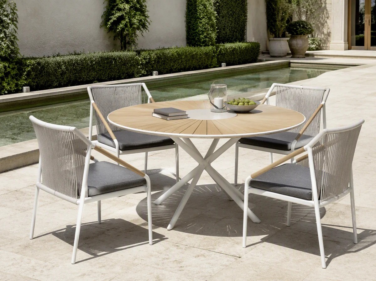Four rope-back armchairs with sloping teak armrests around a round table in a villa courtyard beside a reflecting channel