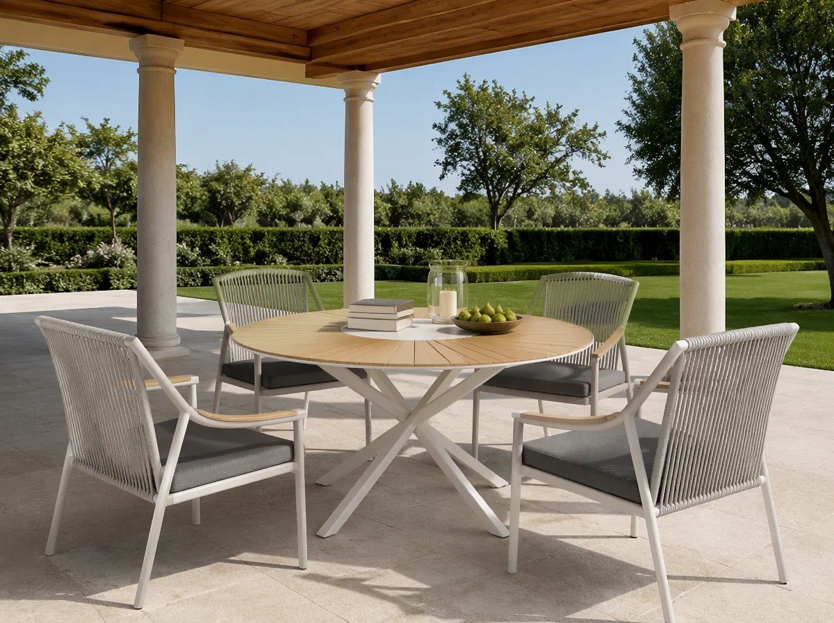 Four rope-back armchairs around a round table under a covered garden pavilion with a timber ceiling