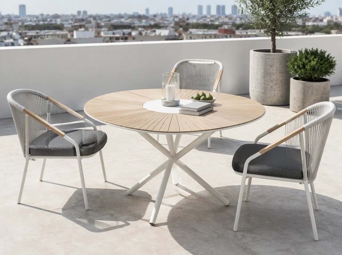 Round sunburst-slat outdoor table on a central cross base with three rope-back chairs on a designer rooftop terrace