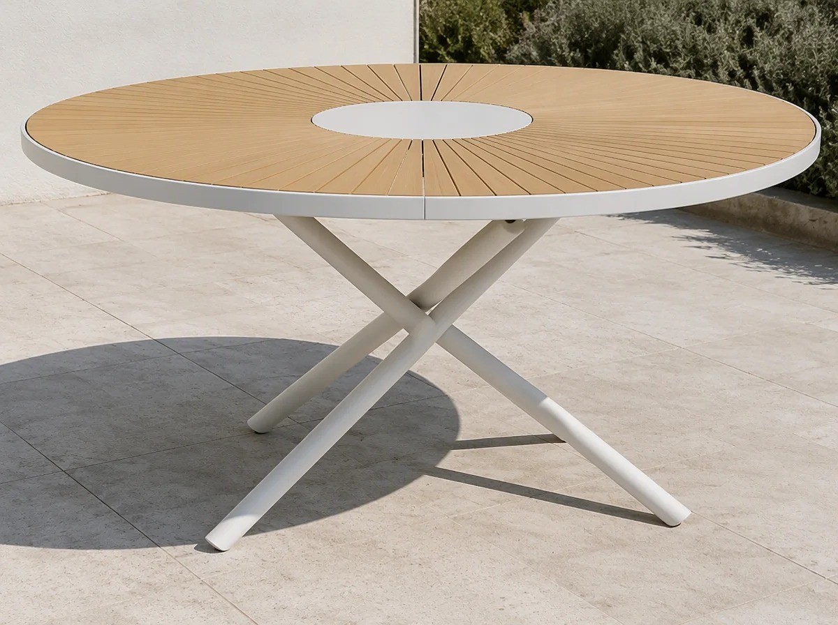 Close view of the round edge of an outdoor table top where the fine radial pale wheat slats finish