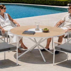 120cm Round Outdoor Dining Table | Sunburst Slat Top Garden Table for Patio Terrace Hotel Restaurant