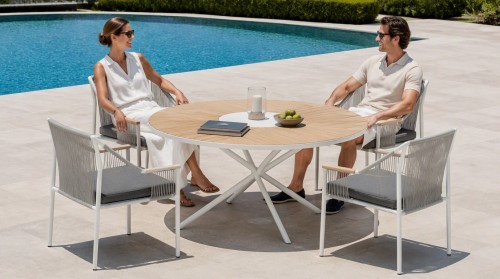 120cm Round Outdoor Dining Table | Sunburst Slat Top Garden Table for Patio Terrace Hotel Restaurant
