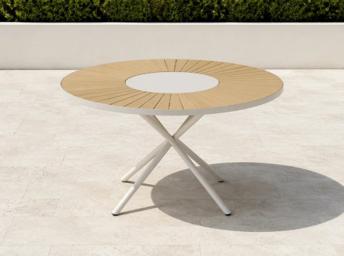 120cm Round Outdoor Dining Table | Sunburst Slat Top Garden Table for Patio Terrace Hotel Restaurant