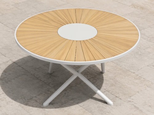 120cm Round Outdoor Dining Table | Sunburst Slat Top Garden Table for Patio Terrace Hotel Restaurant