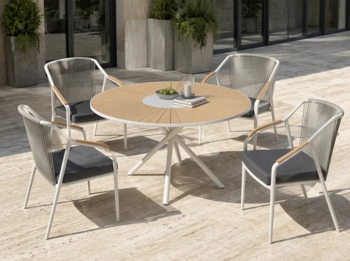 120cm Round Outdoor Dining Table | Sunburst Slat Top Garden Table for Patio Terrace Hotel Restaurant