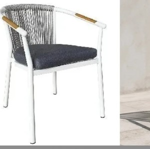 Rope Weave Outdoor Armchair | White Aluminium Sloping-Arm Patio Chair with Teak Armrests for Garden Terrace Hotel