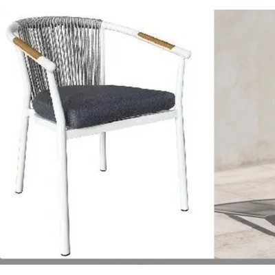 Rope Weave Outdoor Armchair | White Aluminium Sloping-Arm Patio Chair with Teak Armrests for Garden Terrace Hotel