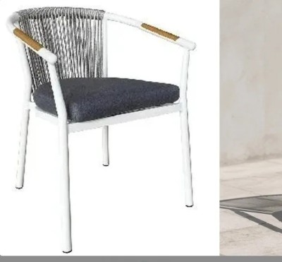 Rope Weave Outdoor Armchair | White Aluminium Sloping-Arm Patio Chair with Teak Armrests for Garden Terrace Hotel
