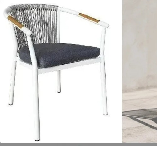 Rope Weave Outdoor Armchair | White Aluminium Sloping-Arm Patio Chair with Teak Armrests for Garden Terrace Hotel