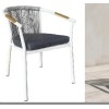Rope Weave Outdoor Armchair | White Aluminium Sloping-Arm Patio Chair with Teak Armrests for Garden Terrace Hotel