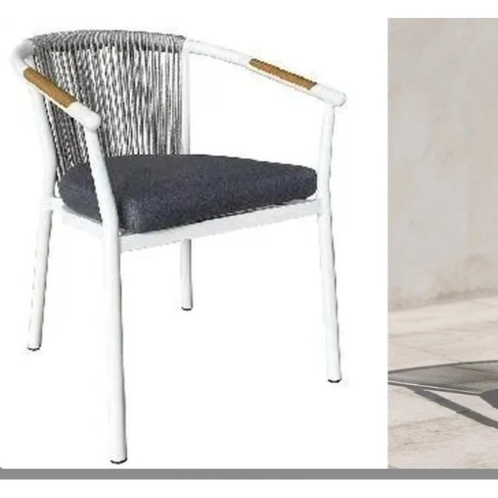 Rope Weave Outdoor Armchair | White Aluminium Sloping-Arm Patio Chair with Teak Armrests for Garden Terrace Hotel