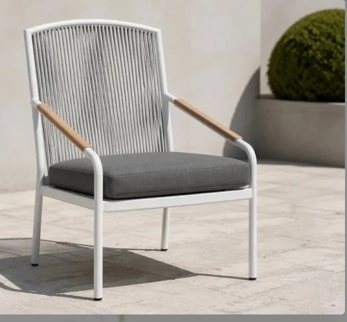 Rope Weave Outdoor Armchair | White Aluminium Sloping-Arm Patio Chair with Teak Armrests for Garden Terrace Hotel