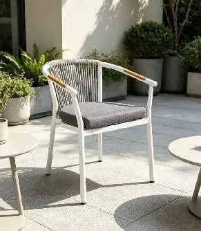 Rope Weave Outdoor Armchair | White Aluminium Sloping-Arm Patio Chair with Teak Armrests for Garden Terrace Hotel