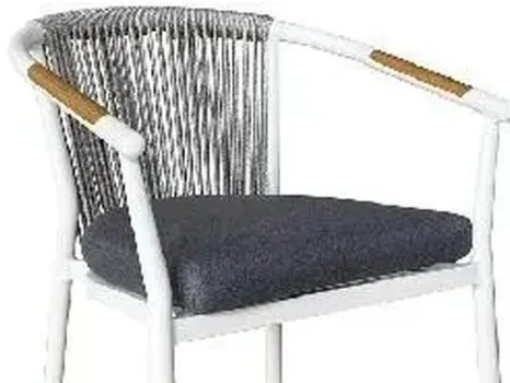 Rope weave outdoor armchair with a white aluminium frame, raked teak armrests and a see-through rope back