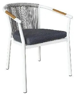 Three quarter view of the rope weave outdoor armchair on a pale stone terrace
