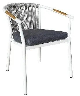 Close view of a sloping white armrest with a solid light teak board fixed along its top, and the rope back rising behind