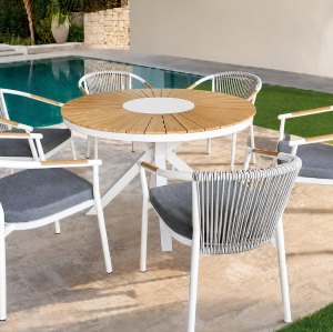 120cm Round Outdoor Dining Table | Sunburst Slat Top Garden Table for Patio Terrace Hotel Restaurant