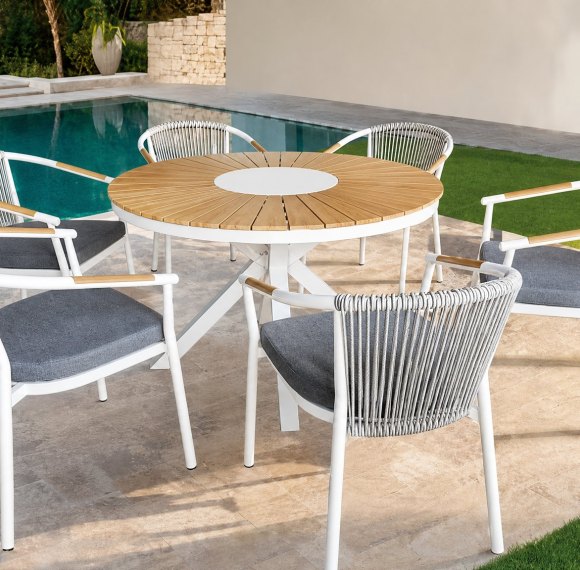 120cm Round Outdoor Dining Table | Sunburst Slat Top Garden Table for Patio Terrace Hotel Restaurant