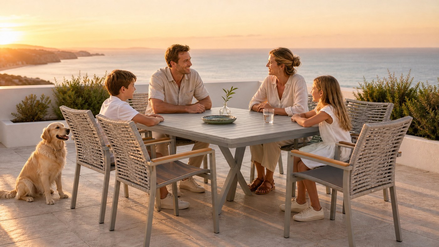 Seven-piece outdoor dining set with six chairs around a PSPC board table on a sea view terrace