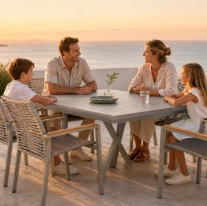 7-Piece Outdoor Dining Set | Aluminium PSPC Board Table with Six Rope Weave Chairs