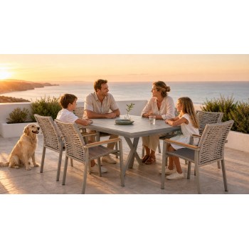 7-Piece Outdoor Dining Set | Aluminium PSPC Board Table with Six Rope Weave Chairs