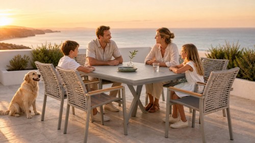 7-Piece Outdoor Dining Set | Aluminium PSPC Board Table with Six Rope Weave Chairs