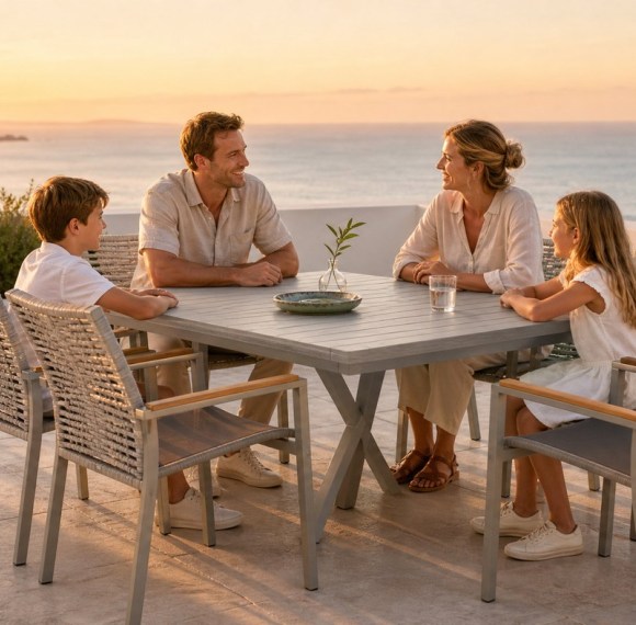 7-Piece Outdoor Dining Set | Aluminium PSPC Board Table with Six Rope Weave Chairs