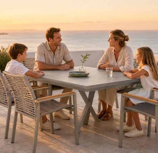 7-Piece Outdoor Dining Set | Aluminium PSPC Board Table with Six Rope Weave Chairs
