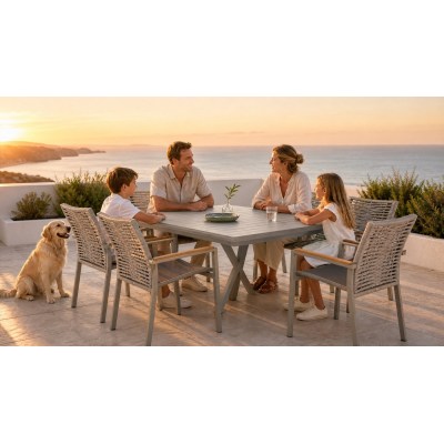 7-Piece Outdoor Dining Set | Aluminium PSPC Board Table with Six Rope Weave Chairs