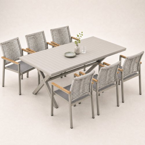 7-Piece Outdoor Dining Set | Aluminium PSPC Board Table with Six Rope Weave Chairs