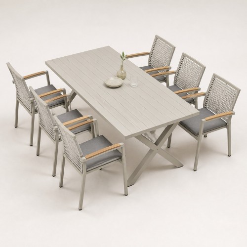 7-Piece Outdoor Dining Set | Aluminium PSPC Board Table with Six Rope Weave Chairs