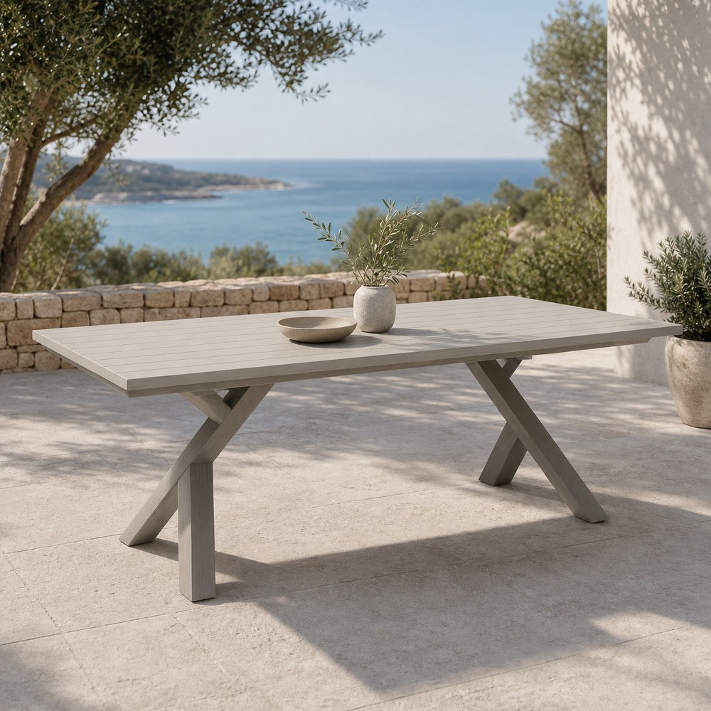 Aluminium PSPC board outdoor dining table on a sea view terrace
