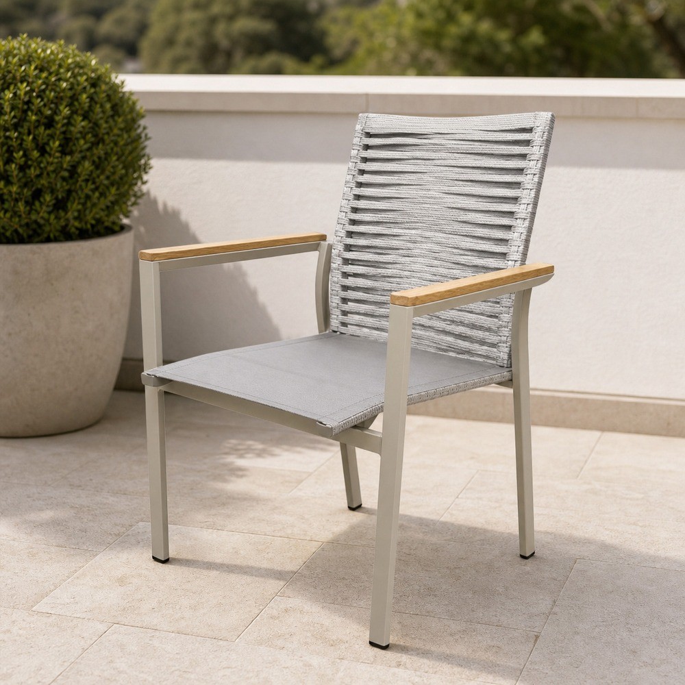 Rope weave aluminium dining chair with a wood topped armrest
