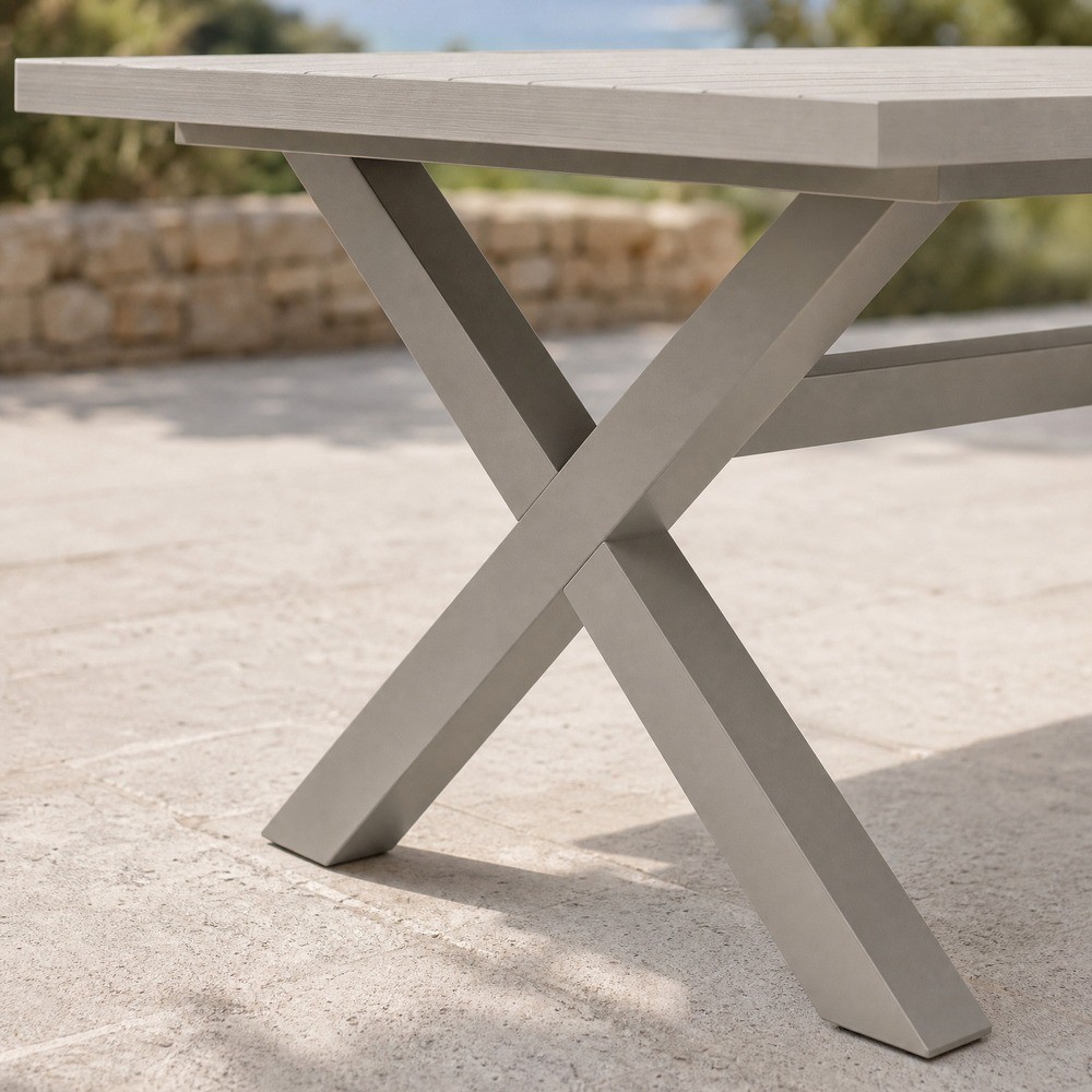 X-shaped crossed table supports with a beam under the top