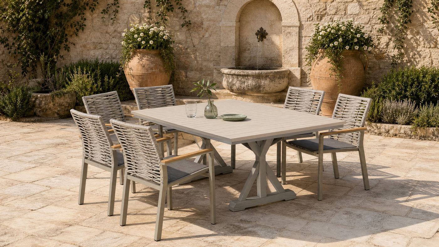 Seven-piece dining set in a stone courtyard with a wall fountain