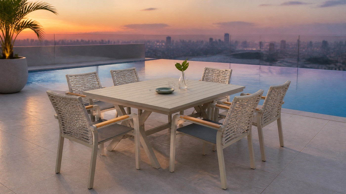 Outdoor dining set on a rooftop terrace at dusk